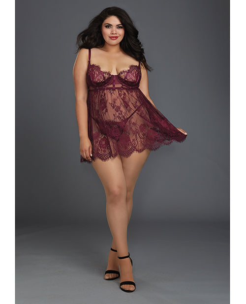 Eyelash Lace Babydoll W/underwire Cups & Lace Thong