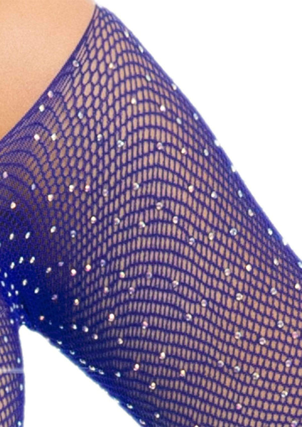 Crystalized Long Sleeve Fishnet Thong Back Bodysuit - One Size